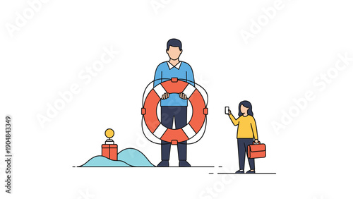 Supportive man holds a large lifebuoy while standing next to a professional woman with a briefcase and smartphone on a white background.