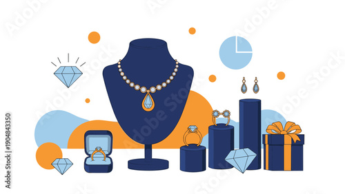 Elegant display of luxury jewelry featuring a diamond necklace on a mannequin, rings, earrings, and a beautiful blue gift box.