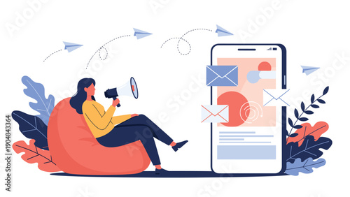 Creative woman sits in a beanbag chair using a megaphone to broadcast email marketing messages from her large smartphone device.