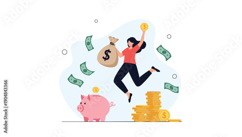 Joyful woman jumps in the air with a bag of money while surrounded by falling cash, a piggy bank, and stacks of gold coins.