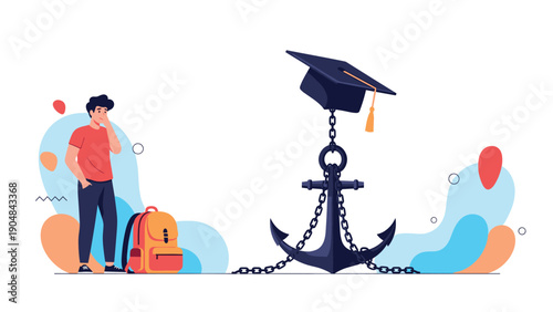Concerned student stands with his backpack while looking at a graduation cap that is held down by a heavy anchor and iron chains.
