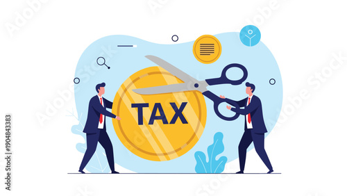 Pair of businessmen in dark suits use large scissors to cut a giant gold coin labeled with the word tax to show economic relief.