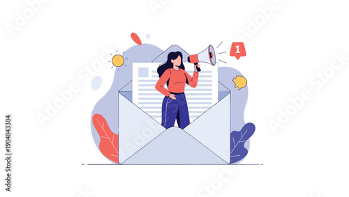 Professional woman stands inside a large paper envelope while using a megaphone to announce a new digital marketing newsletter.