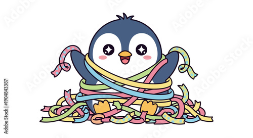 A cartoon penguin tangled in colorful ribbons and streamers happily
