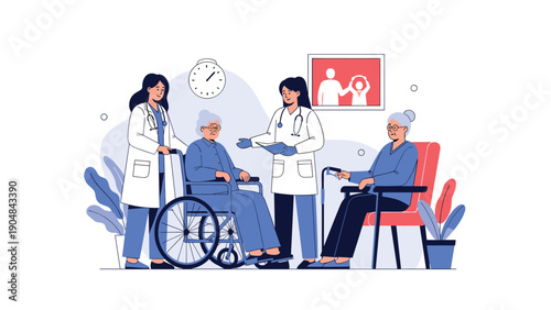 Professional medical staff provide compassionate care to elderly patients in wheelchairs and armchairs within a nursing home setting.