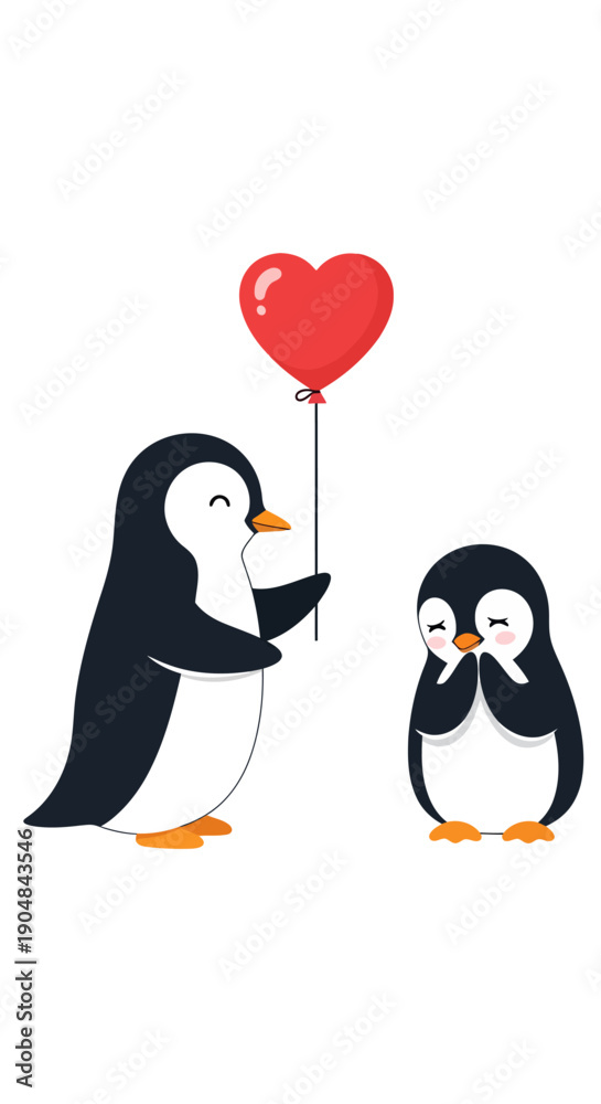 Fototapeta premium Two penguins share a tender moment with a heart-shaped balloon on a white background.