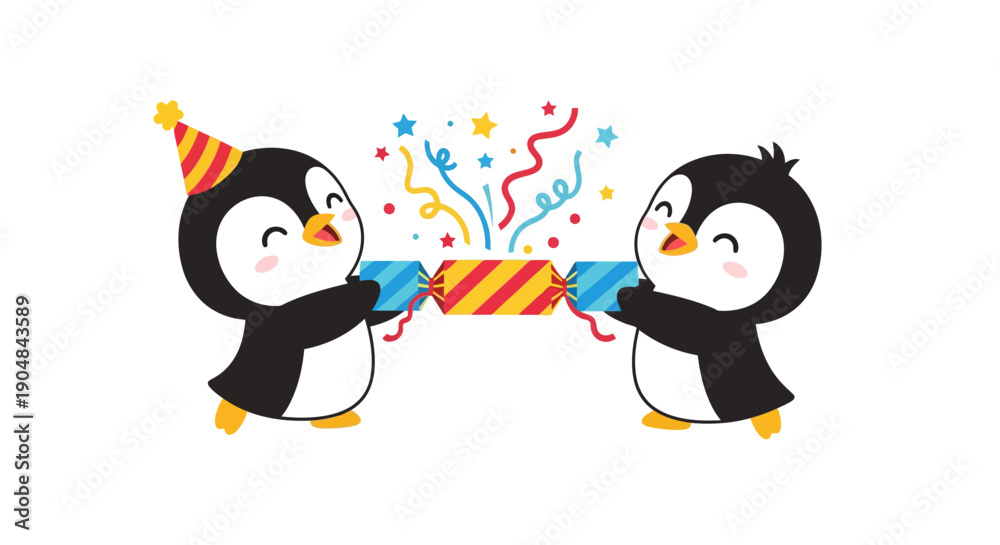 Fototapeta premium Two penguins hold a wrapped gift with party hats and confetti popping.