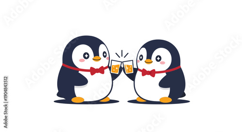 Two penguins wearing bow ties toast with beer glasses in a fun illustration