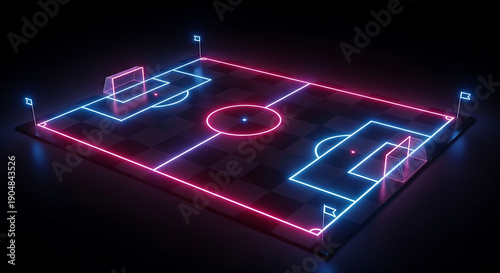 Futuristic neon soccer field glowing with digital lines, modern virtual sports design showcasing immersive gaming simulation, 32K Revolution 
