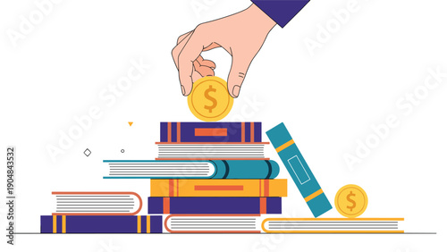 Person places a golden dollar coin into a slot on a stack of colorful books for a concept of investing in education and future knowledge for career.