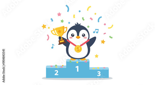 A cartoon penguin celebrates victory on a podium with a trophy and medal