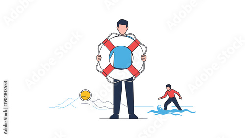 Brave man stands firmly while holding a lifebuoy to provide assistance to a person struggling in the water in the background.