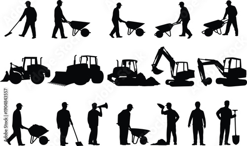 Construction worker silhouettes with tools and heavy machinery, wheelbarrow loader excavator actions, manual labor activities, industrial building site equipment vector illustration set