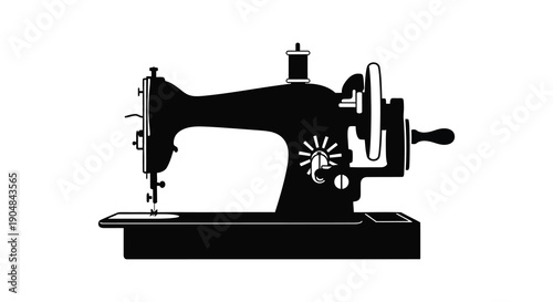 A striking black silhouette depicts a vintage sewing machine showcasing its classic design and mechanical elements high quality