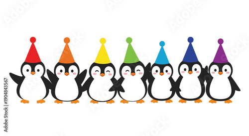 Colorful penguins wear party hats standing together