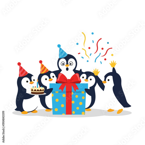 Penguins celebrate birthday with cake and gift