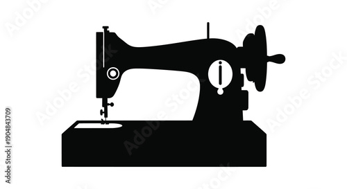 A stark black silhouette depicts a vintage sewing machine showcasing its classic mechanical design and form high quality