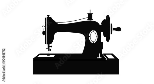 A striking black silhouette depicts a vintage sewing machine showcasing its classic form and mechanical details high quality