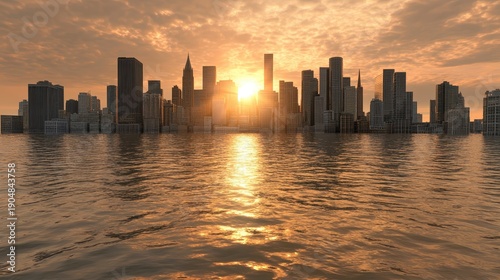 Modern cityscape skyline partially submerged in ocean water at sunset with dramatic orange sky