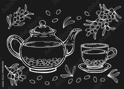 Tea set with healthy green tea, sea buckthorn. Teapot and cup. Hand drawn vector illustration.