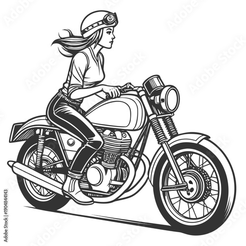 A woman wearing a helmet rides a motorcycle Vector
