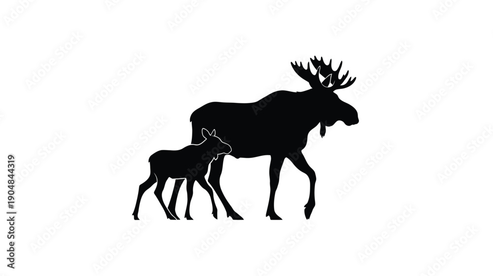 Fototapeta premium a striking black silhouette of a moose and its calf against a white background