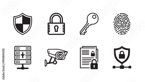 Security Icons: Shield, Lock, Key, Fingerprint, Server, Camera, Document, Network - Vector Graphics