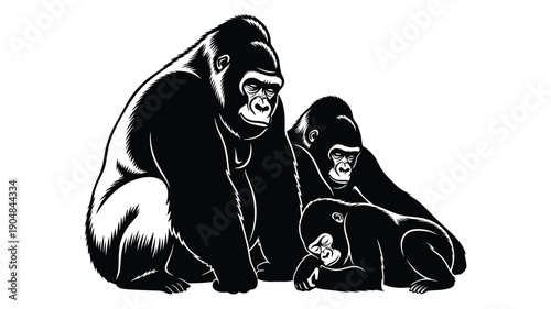 a striking black and white gorilla family portrait rendered as a silhouette