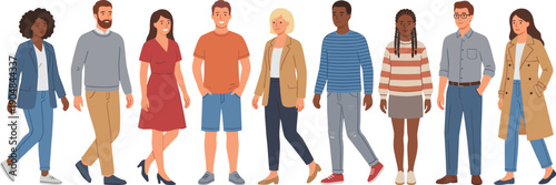 Diverse group of multiracial men and women standing together in stylish casual clothing, modern flat vector illustration for community