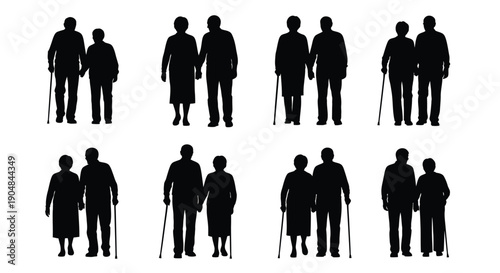 Elderly people silhouettes holding hands and standing together with canes