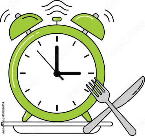 Green Alarm Clock on Plate with Fork and Knife Crossed in Front, Representing Meal Timing, Diet, and Intermittent Fasting Concept