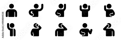 People icon set with various gestures and poses in black simple design featuring icons, monochrome, human with figures and symbols elements for communication, expression projects, clean composition
