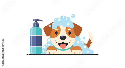 Happy dog with a foamy, bubbly face after a refreshing bath, standing next to a large pet shampoo bottle, feeling clean.