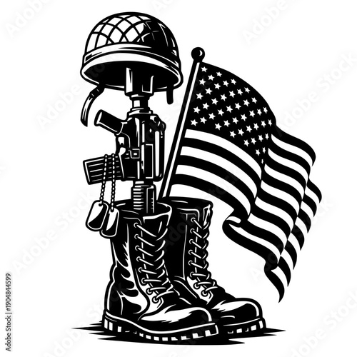 Fallen Soldier Memorial Illustration With Battlefield Cross And American Flag In Black And White Style, Military Tribute Design For Veterans Day, Posters, Apparel And Vector Art