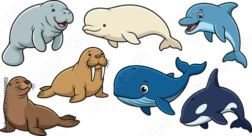 Cute cartoon sea animals illustration set featuring whale dolphin manatee walrus seal and orca characters colorful vector collection isolated on white background