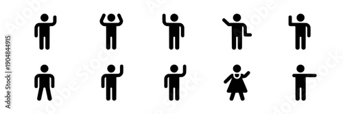 People set with various poses and gestures black simple icons on white background featuring stick figures, minimalist, vector with graphic and symbols elements for characters, users projects, clean