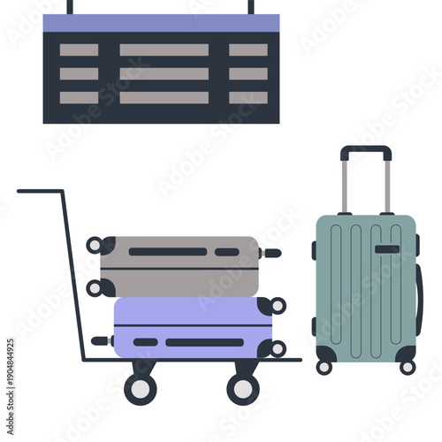Vector illustration of suitcases on a luggage trolley at the airport under the departure and arrival board.