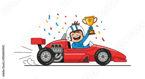 Joyful child race car driver triumphantly celebrates victory, proudly holding a golden trophy inside a speeding red