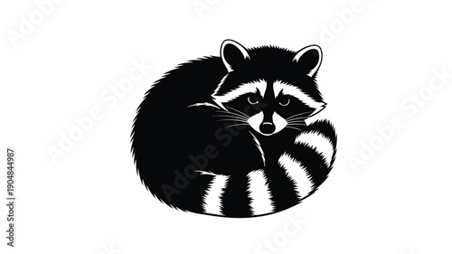 a curled up raccoon in a dark silhouette against a white background