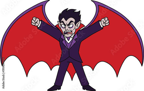 Angry cartoon vampire illustration with bat wings, spooky villain character, dark fantasy vector design isolated on white background for Halloween themes branding