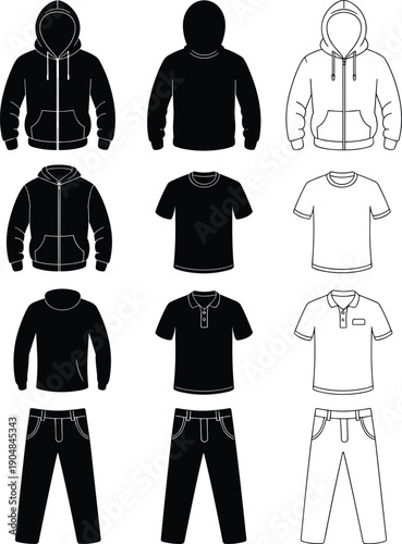 Vector, black, silhouette, and, line, art, illustration, set, of, hoodies, t-shirts, polo, shirts, and, pants, for, apparel, fashion, retail, clothing, design, template, and, streetwear, mockups