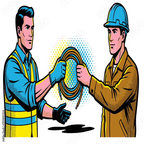 Professional electricians and trade workers handling electrical cable rolls for wholesale supply, industrial construction, and wiring maintenance in retro pop art comic style illustration.