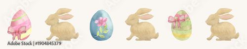 Watercolor Easter Bunny and Eggs Seamless Border on Ivory Background