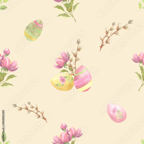 Seamless Watercolor Easter Egg Pattern with Leaves and Willow, Cream