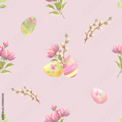Seamless Watercolor Easter Egg Pattern with Leaves and Willow, Pink