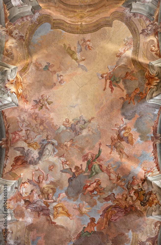 Fototapeta premium VERCELLI, ITALY - JANUARY 16, 2026: The baroque ceiling fresco Glory of St. Cristophorus in the church Chiesa di San Cristoforo by Francesco Maria Bianchi from 18. cent. 