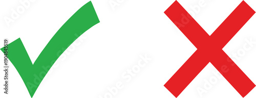 Green Check Mark and Red Cross Mark Icon Set for Evaluation, Voting, Decision Making, Right and Wrong Symbols, and User Interface Success or Error Notifications