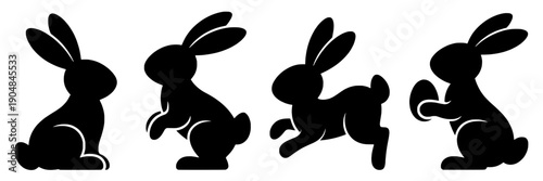 Bunnies silhouette set with various poses and actions in black featuring animals, cute, cartoon with vector and illustration elements for icons, nature projects, clean composition on simple background