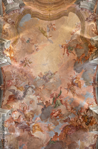 VERCELLI, ITALY - JANUARY 16, 2026: The baroque ceiling fresco Glory of St. Cristophorus in the church Chiesa di San Cristoforo by Francesco Maria Bianchi from 18. cent. 