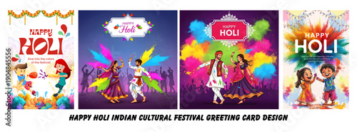 Festive Holi celebration artwork featuring vibrant colors, dancing figures, and children playing with powder.